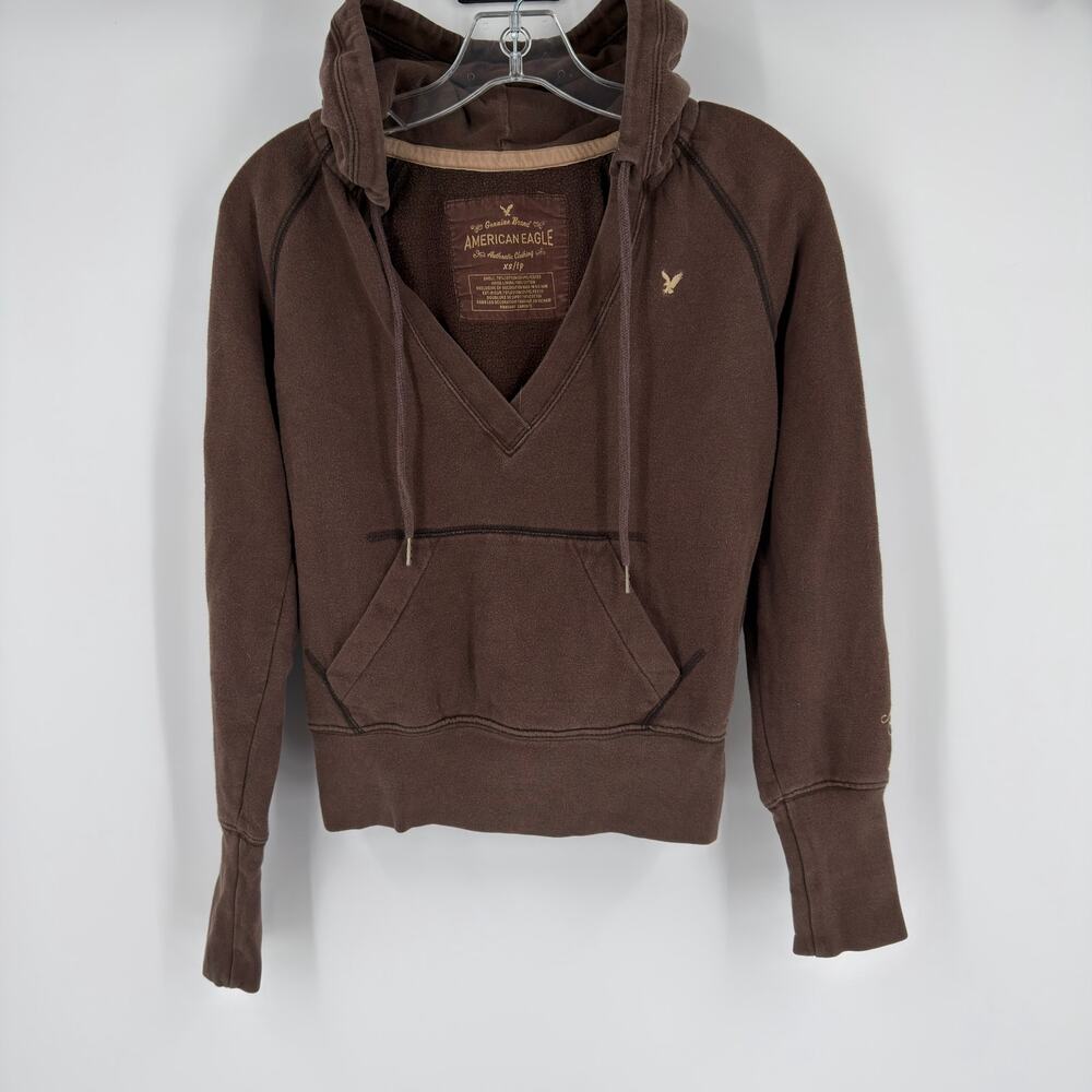 American Eagle Hoodie V-Neck Pullover Sweatshirt Y2K Women XS Brown Chocolate
